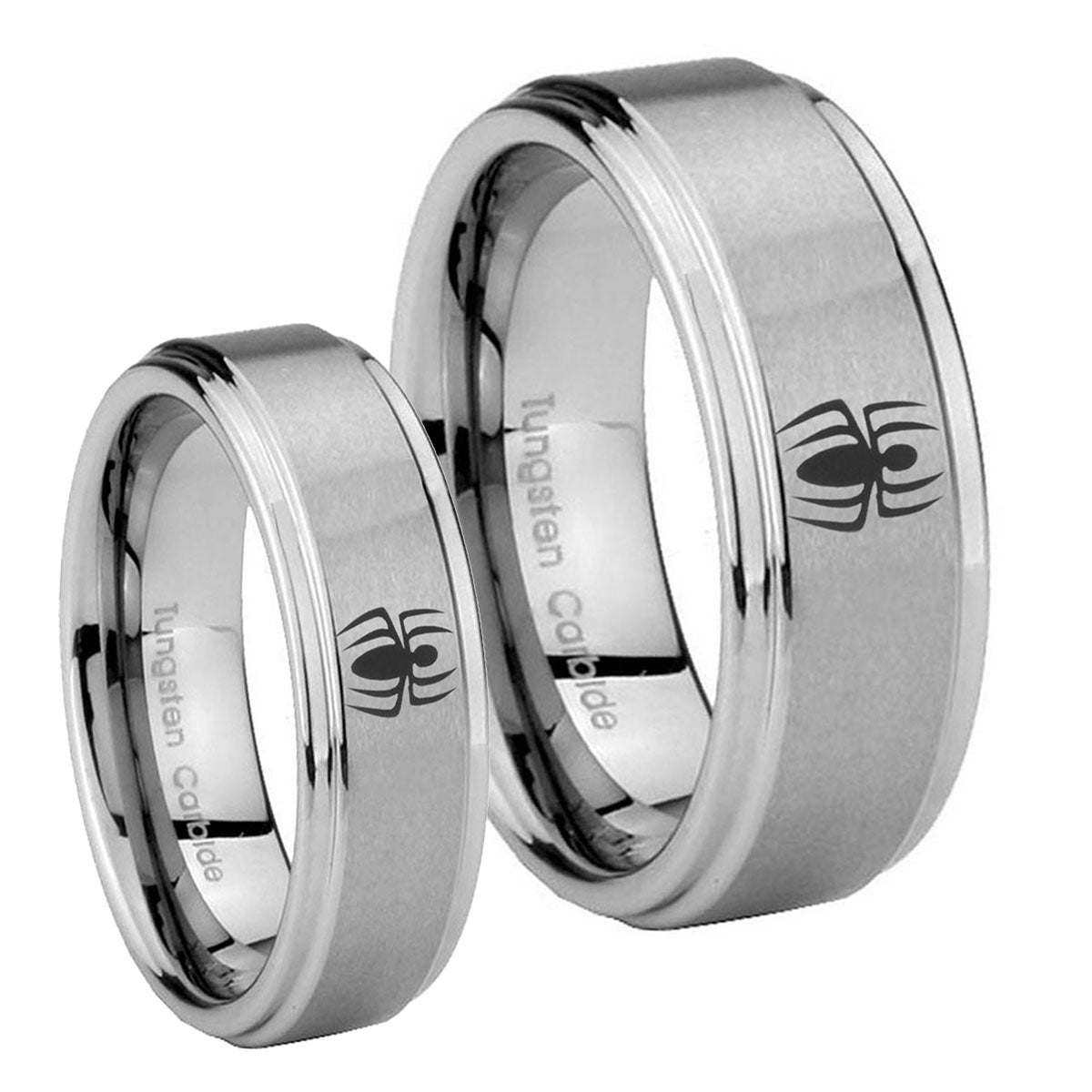 Spiderman Step Edges Brushed Tungsten Mens Ring Set