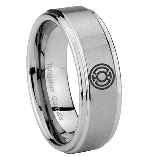 8mm Blue Lantern Step Edge Brushed Silver Tungsten Male Ring