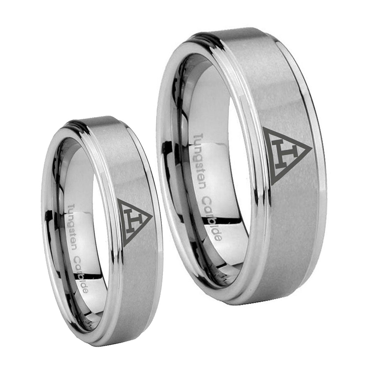 Masonic Triple Step Edges Brushed Tungsten Matching Ring Set