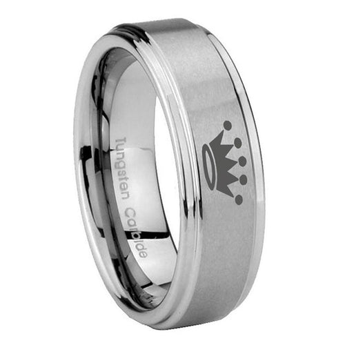 8mm Crown Step Edges Brushed Silver Tungsten Mens Bands Ring