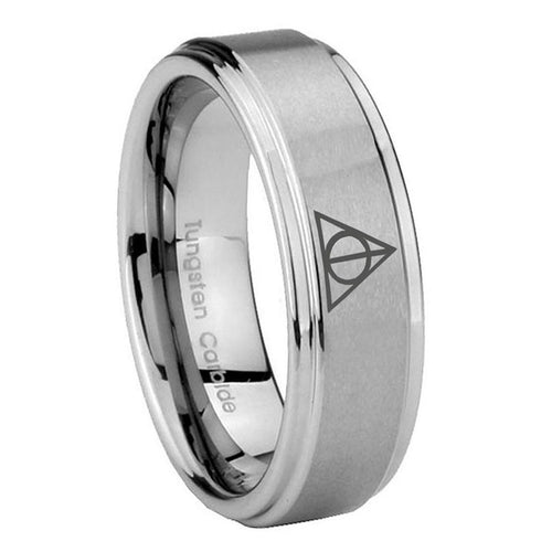 8mm Deathly Hallows Step Edges Brushed Silver Tungsten Ring