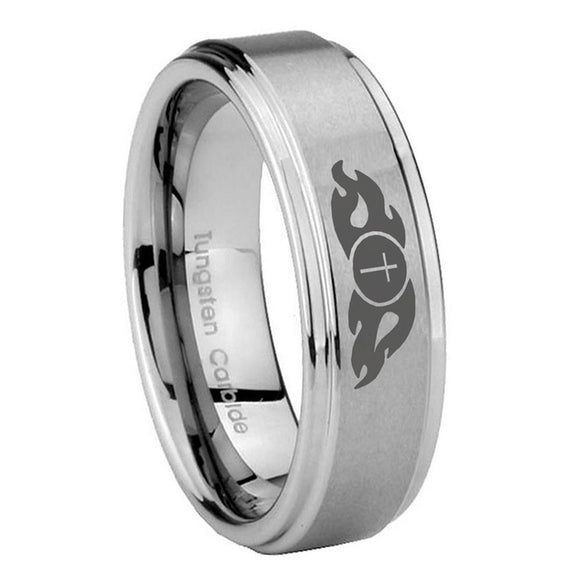 8mm-Flamed-Cross-Step-Edges-Brushed-Tungsten-Carbide-Men's-Engagement-Band