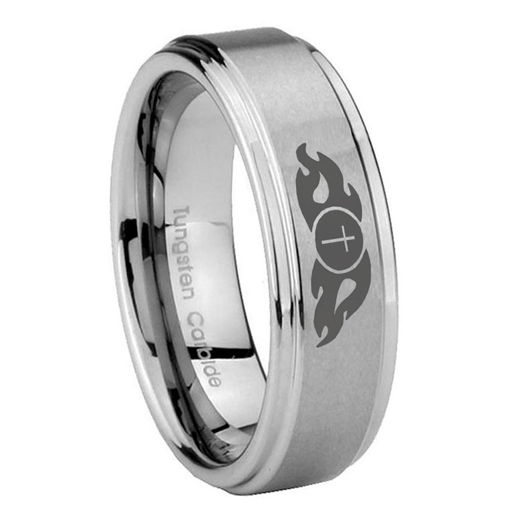 8mm Flamed Cross Step Edges Brushed Silver Tungsten Ring