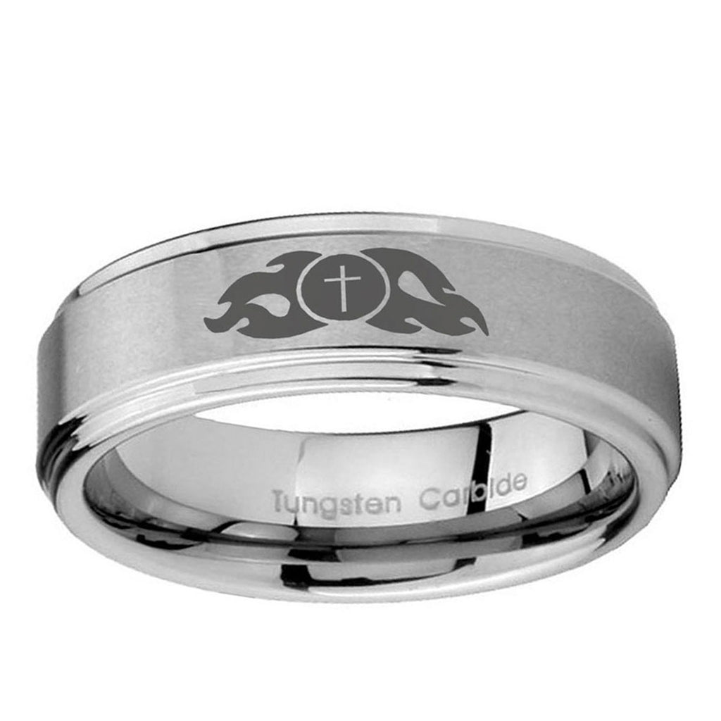10mm Flamed Cross Step Edge Brushed Tungsten Ring