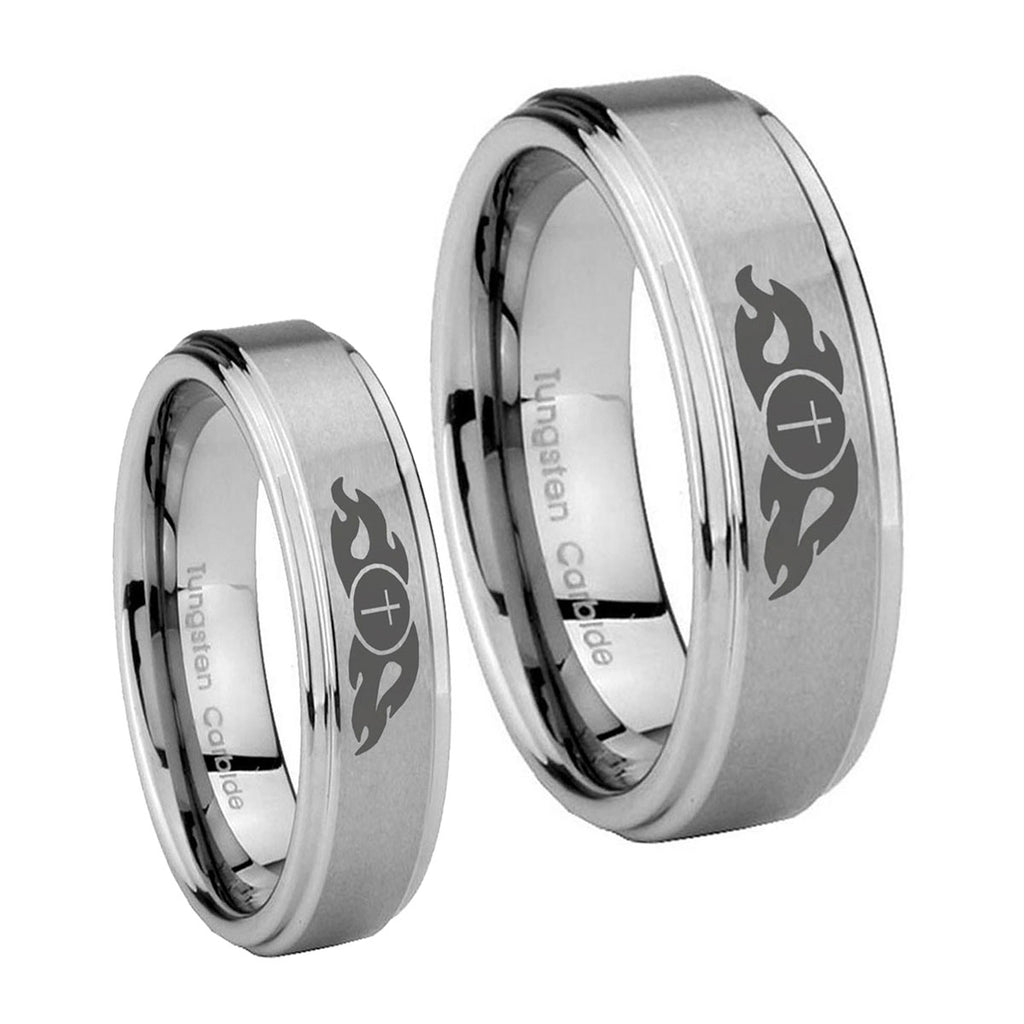 Flamed Cross Step Edges Brushed Tungsten Promise Ring Set