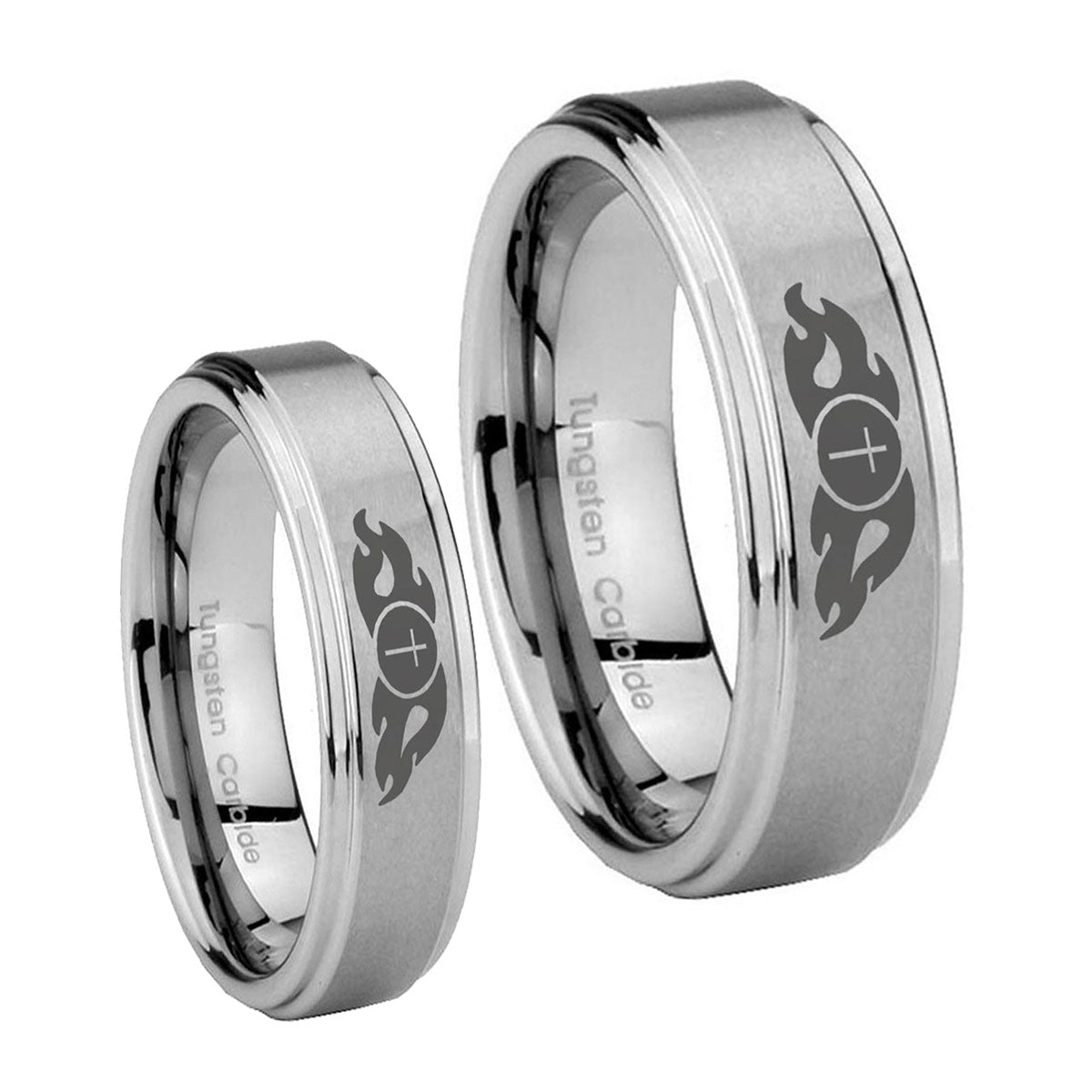 Flamed Cross Step Edges Brushed Tungsten Promise Ring Set