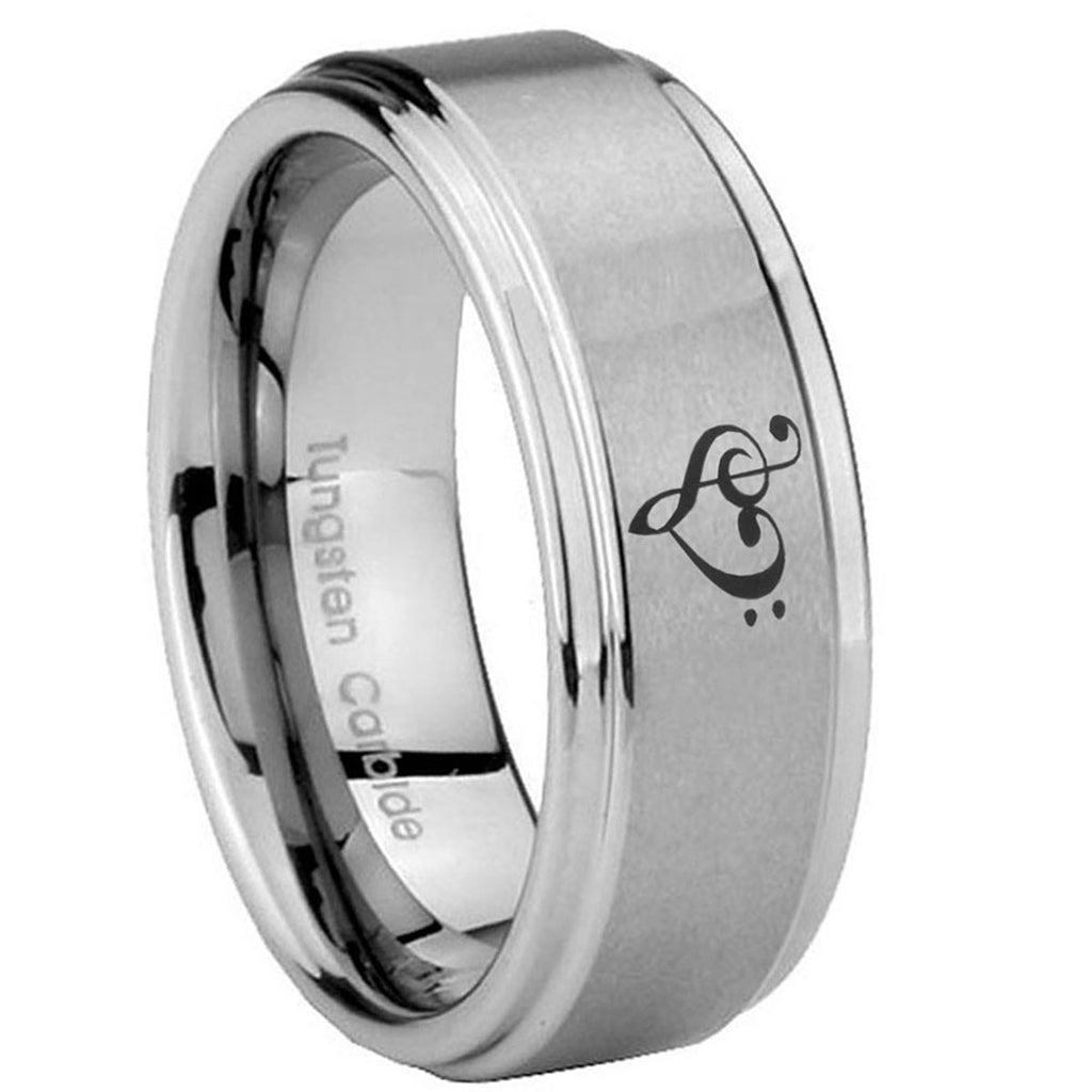 8mm Music & Heart Step Edges Brushed Silver Tungsten Band
