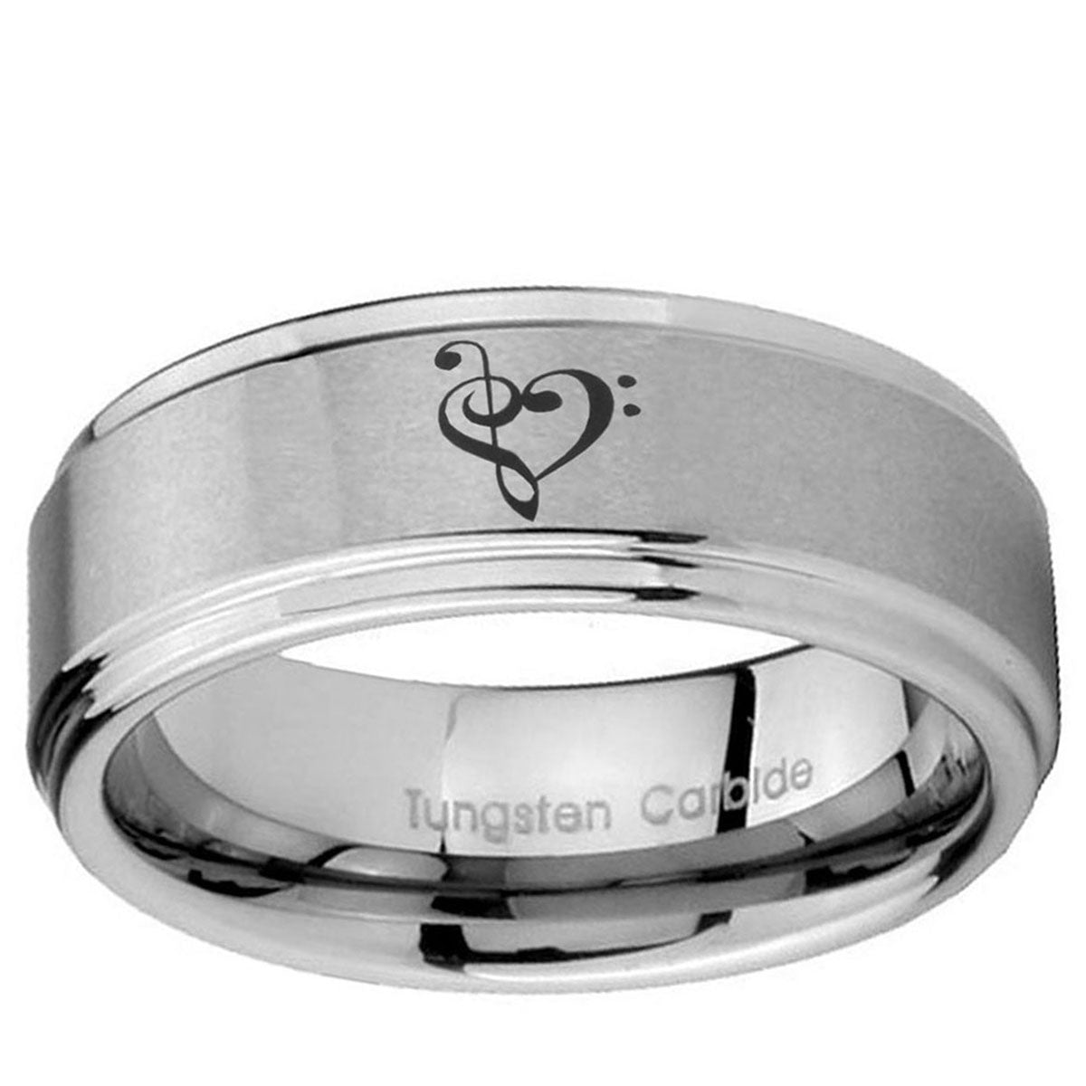 10mm Music & Heart Step Edge Brushed Tungsten Ring