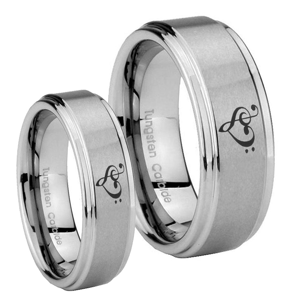 Music & Heart Step Edges Brushed Tungsten Bridal Ring Sets