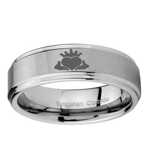 10mm Claddagh Design Step Edge Brushed Tungsten Carbide Custom Ring for Men
