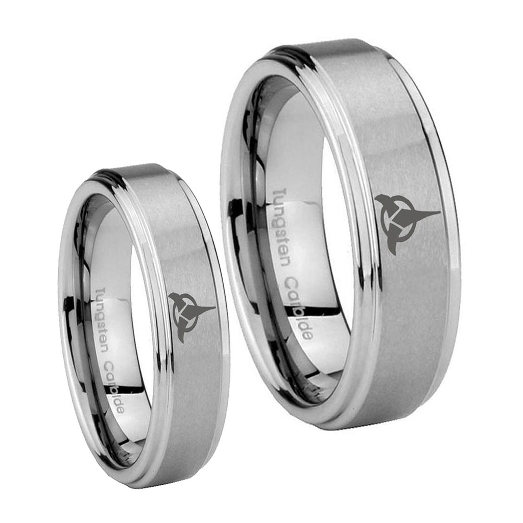 Klingon Step Edges Brushed Tungsten Couples Ring Set