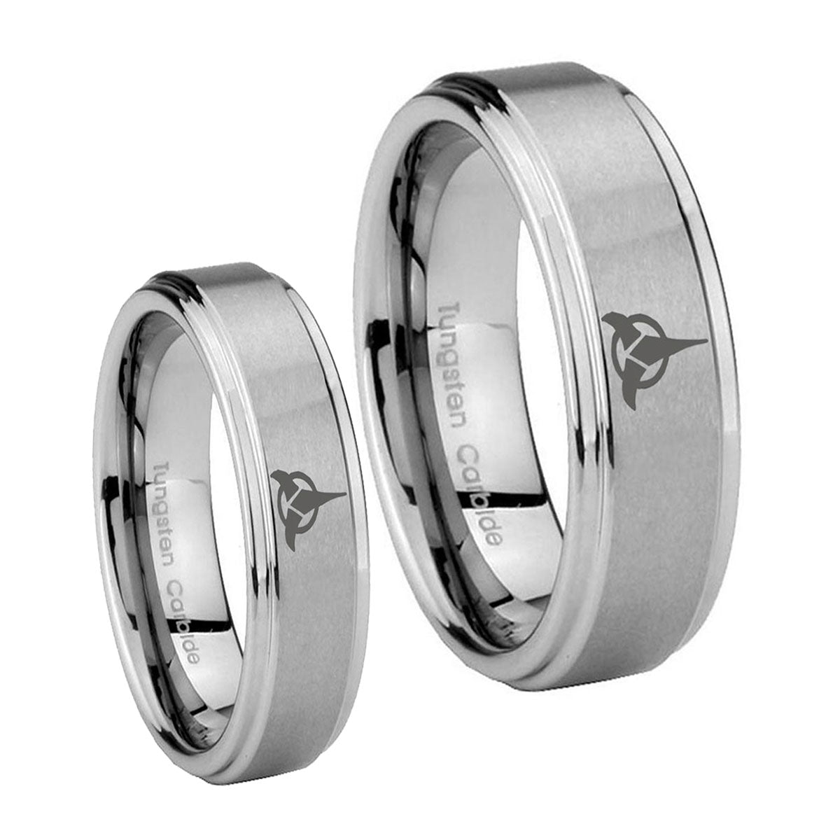 Klingon Step Edges Brushed Tungsten Couples Ring Set