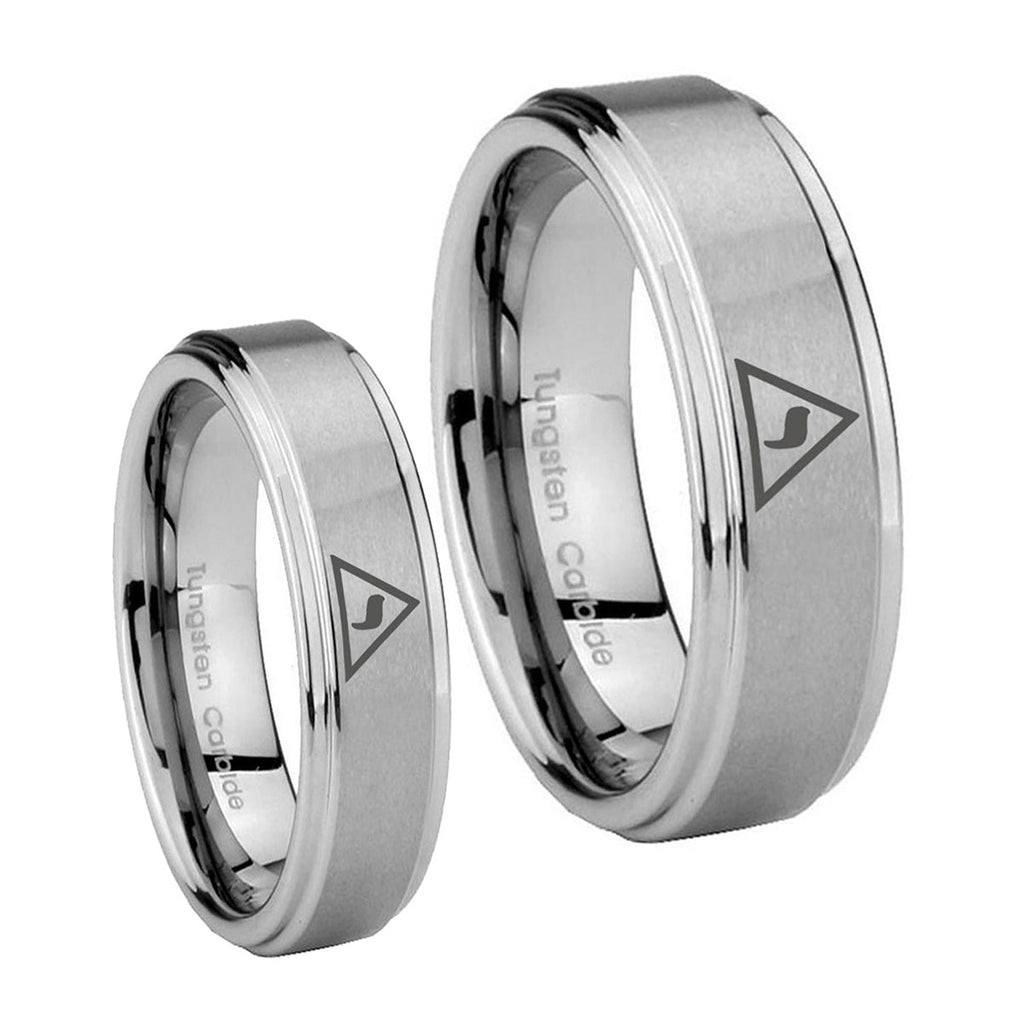Masonic Yod Step Edges Brushed Tungsten Engagement Ring Set