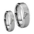 Masonic Yod Step Edges Brushed Tungsten Engagement Ring Set