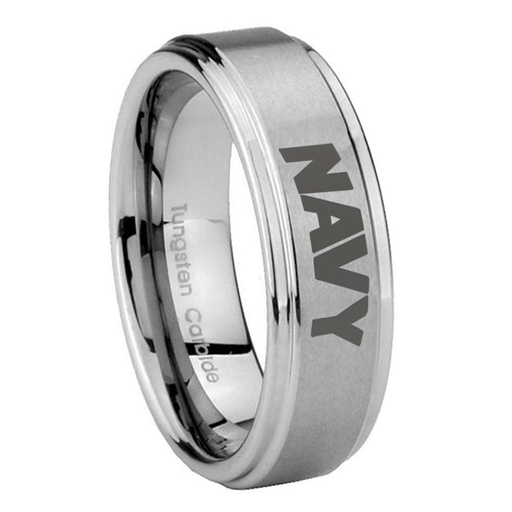 8mm Navy Step Edges Brushed Silver Tungsten Custom Ring