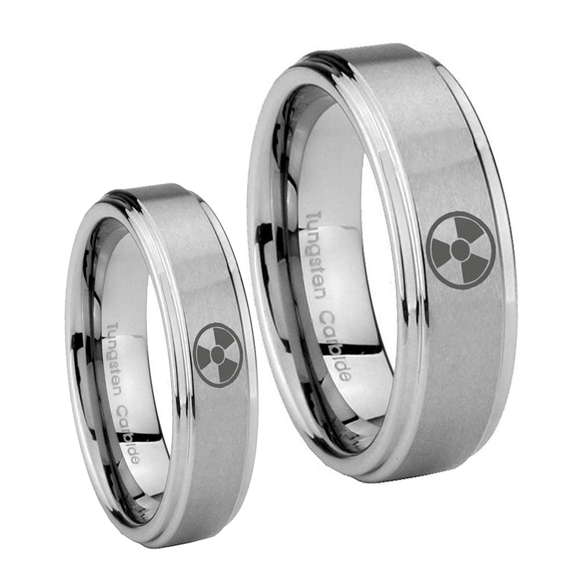 Radiation Step Edges Brushed Tungsten Wedding Set Rings
