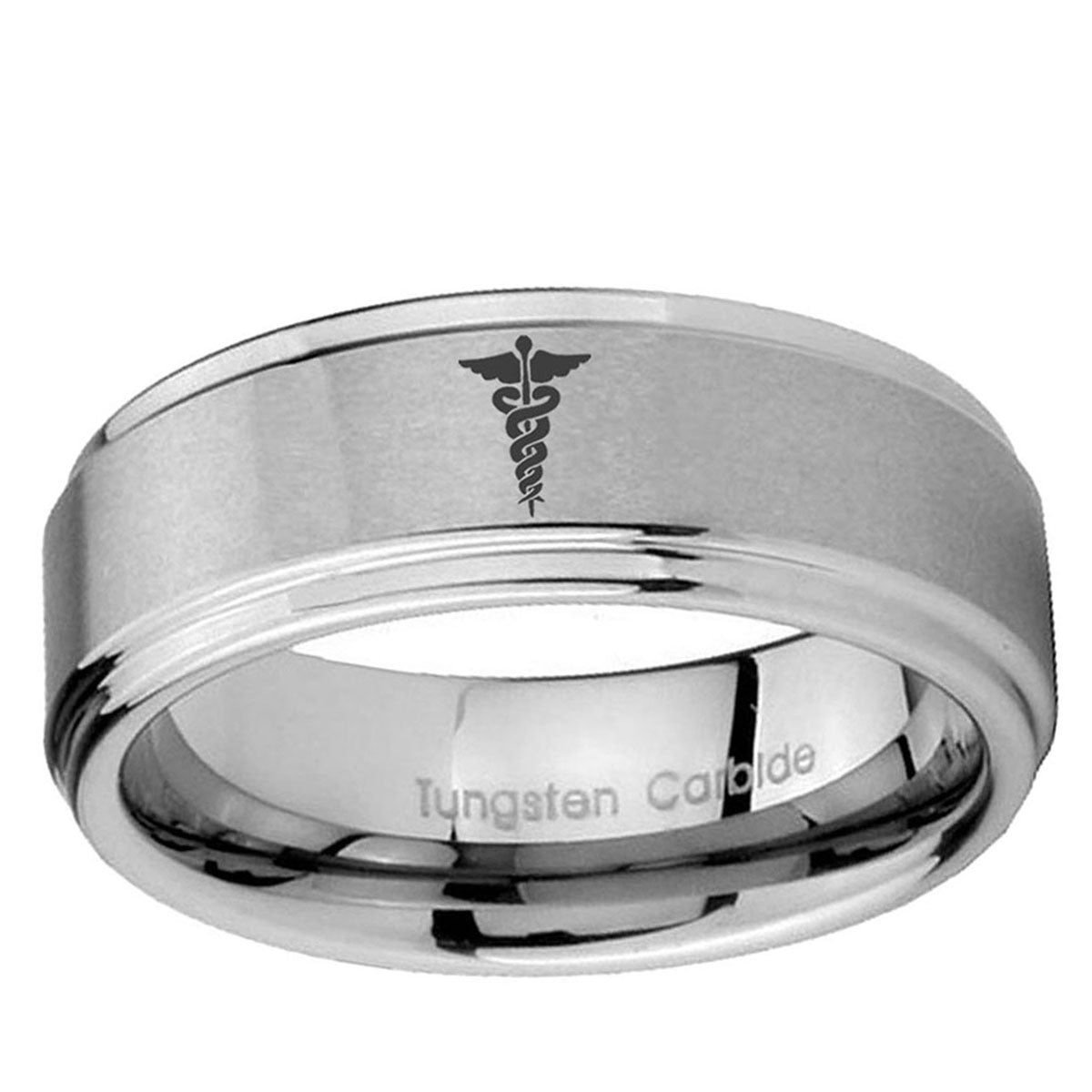 10mm Medical Symbol Step Edge Brushed Tungsten Ring
