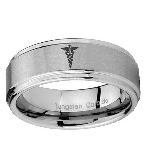 10mm Medical Symbol Step Edge Brushed Tungsten Ring