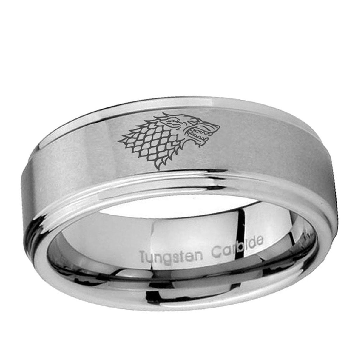10mm Game Of Thrones House Stark Direwolf Step Edge Brushed Tungsten Ring