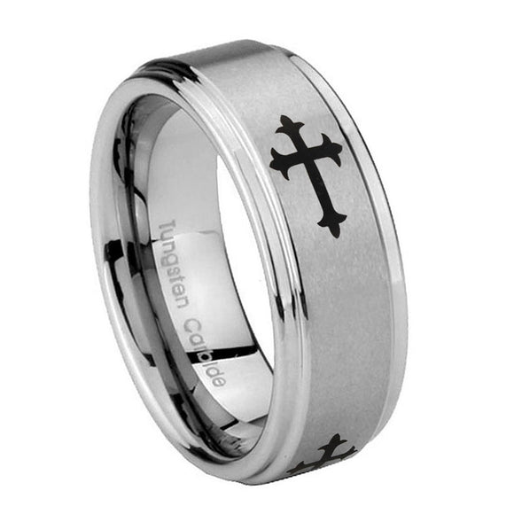 8mm-Christian-Cross-Religious-Step-Edges-Brushed-Tungsten-Carbide-Mens-Anniversary-Ring