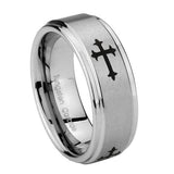 8mm-Christian-Cross-Religious-Step-Edges-Brushed-Tungsten-Carbide-Mens-Anniversary-Ring