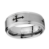 8mm-Christian-Cross-Religious-Step-Edges-Brushed-Tungsten-Carbide-Mens-Anniversary-Ring