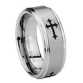 10mm Christian Cross Religious Step Edges Brushed Tungsten Carbide Men's Wedding Ring