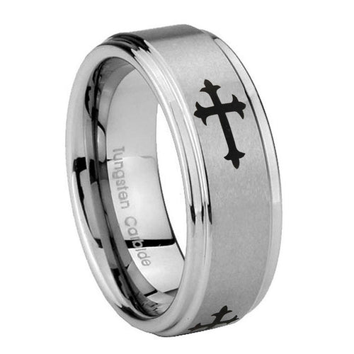 10mm Christian Cross Religious Step Edges Brushed Tungsten Carbide Men's Wedding Ring