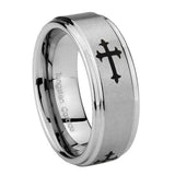8mm Christian Cross Religious Step Edges Brushed Tungsten Carbide Mens Anniversary Ring