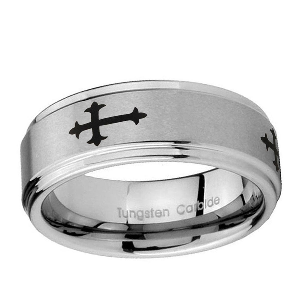 10mm Christian Cross Religious Step Edge Brushed Tungsten Ring