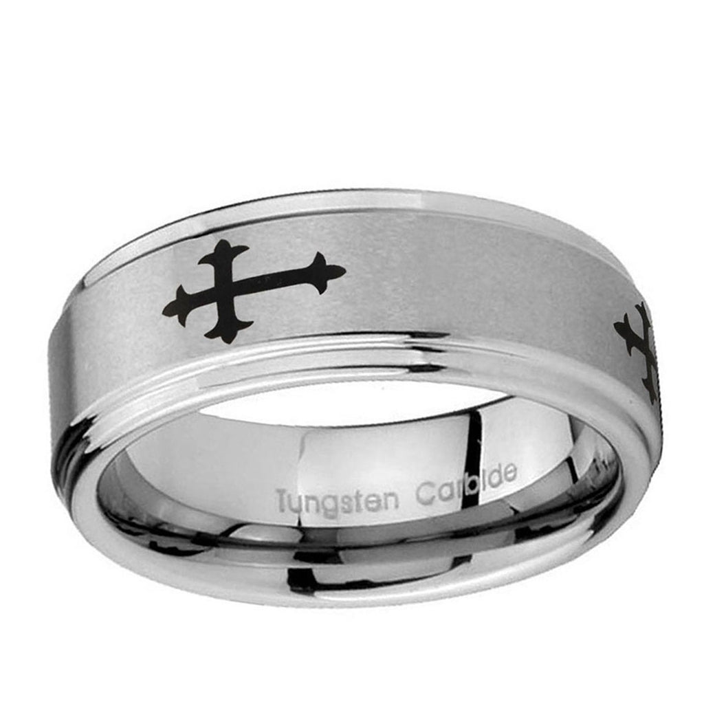 5mm Christian Cross Religious Step Edge Silver Tungsten Ring