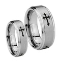 Christian Cross Religious Step Edges Brushed Tungsten Promise Ring Set