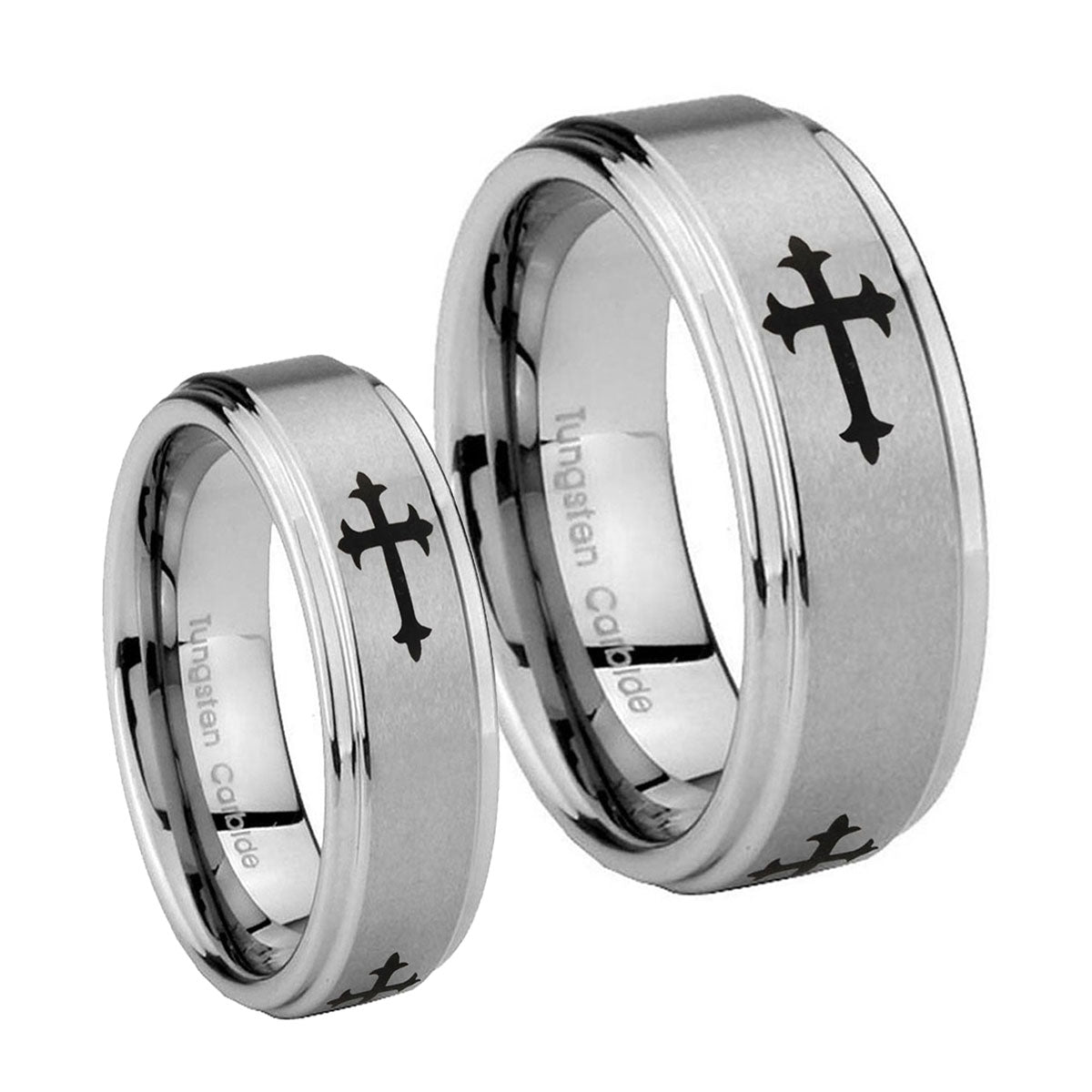 Christian Cross Religious Step Edges Brushed Tungsten Promise Ring Set