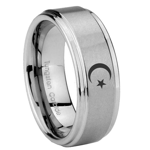 8mm Crescent Moon Stars Step Edge Brushed Silver Tungsten Band