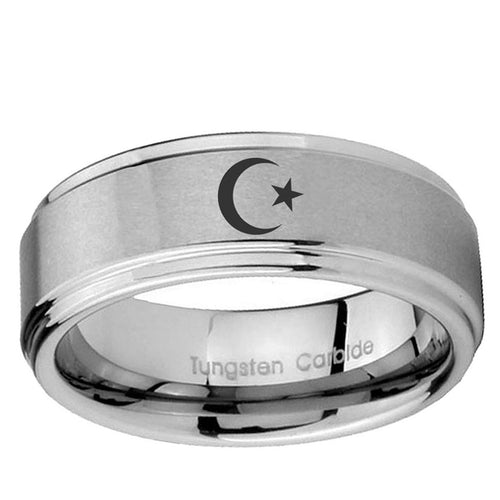 5mm Crescent Moon Stars Step Edge Brushed Silver Tungsten Band