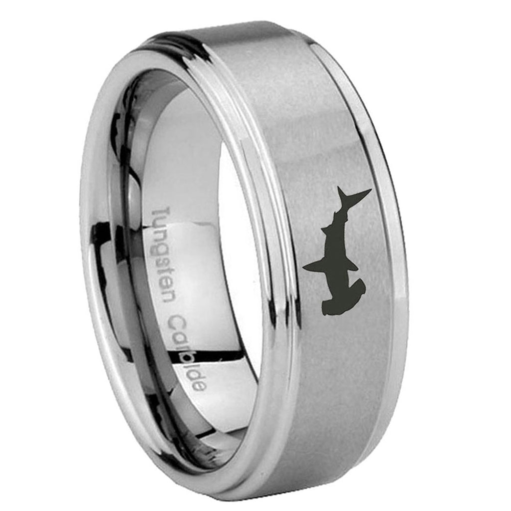 8mm Hammerhead Shark Step Edges Brushed Silver Tungsten Band