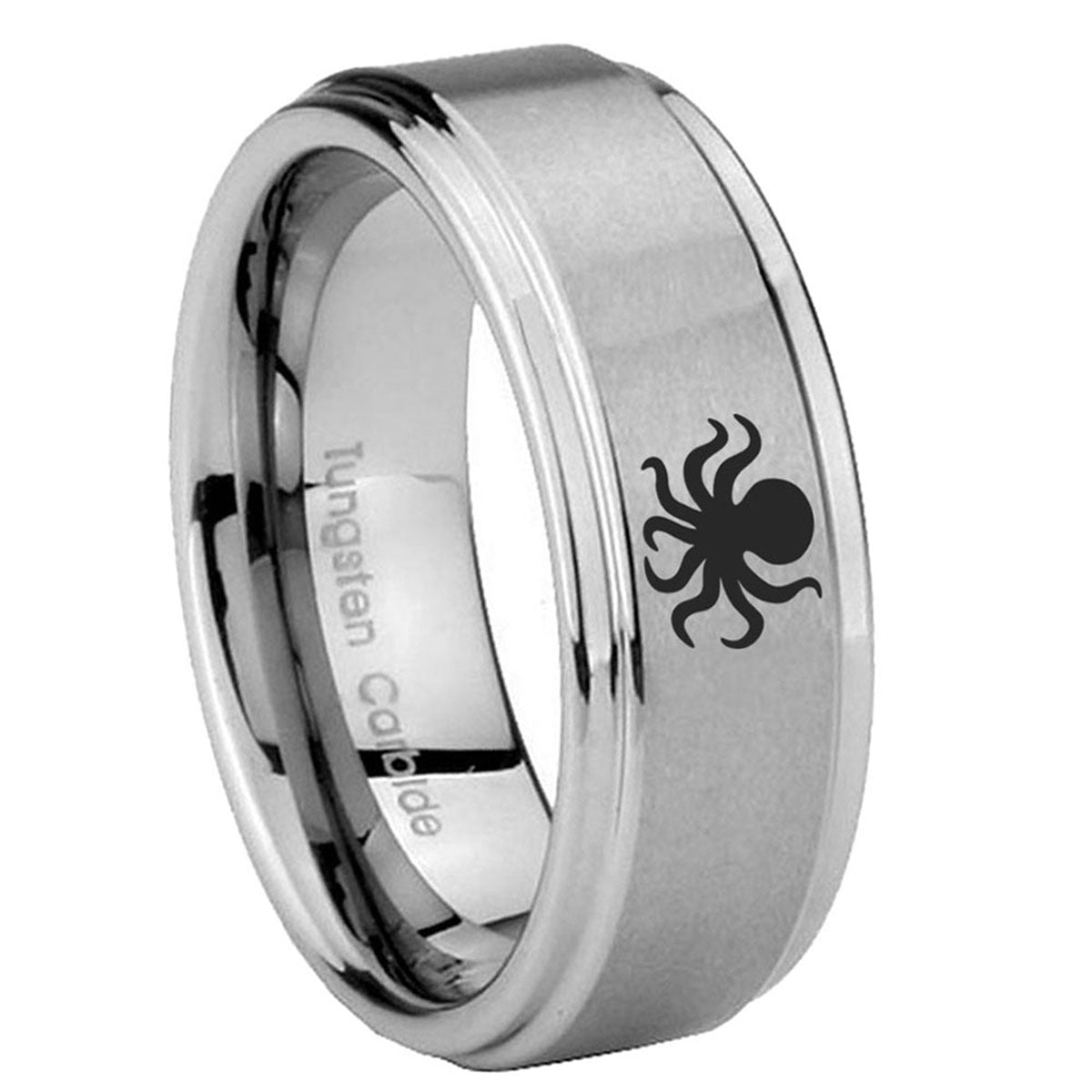 8mm Octopus Step Edges Brushed Silver Tungsten Men Bands