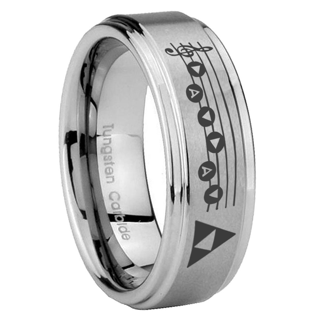 8mm Ocarina Songs Zelda Step Edge Brushed Silver Tungsten Ring