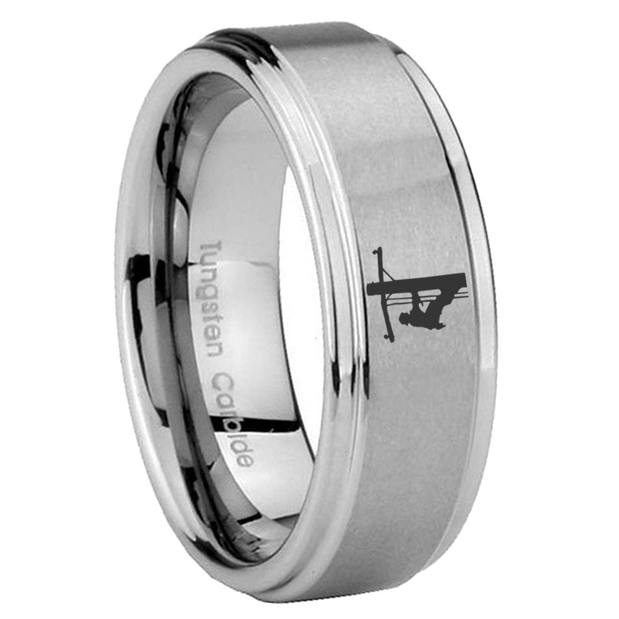 8mm Lineman Symbol Step Edge Brushed Silver Tungsten Ring