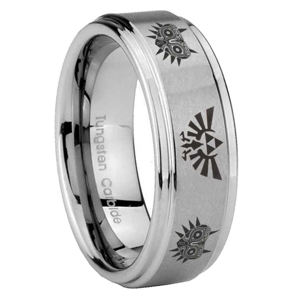 8mm Zelda Majora's Mask Step Edge Brushed Silver Tungsten Ring