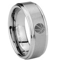 8mm Basketball Step Edges Brushed Silver Tungsten Ring