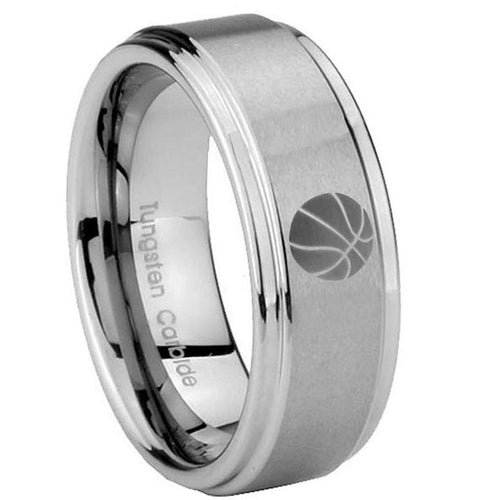 8mm Basketball Step Edges Brushed Silver Tungsten Ring