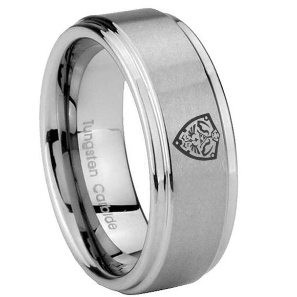 8mm-Zelda-Hylian-Shield-Step-Edges-Brushed-Tungsten-Carbide-Mens-Wedding-Ring