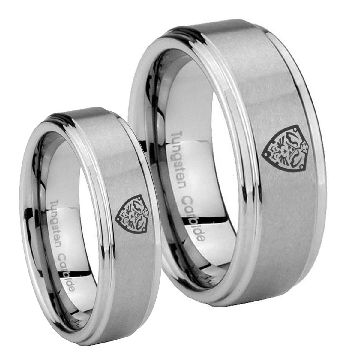 Zelda Hylian Shield Step Edges Brushed Tungsten Couple Wedding Bands