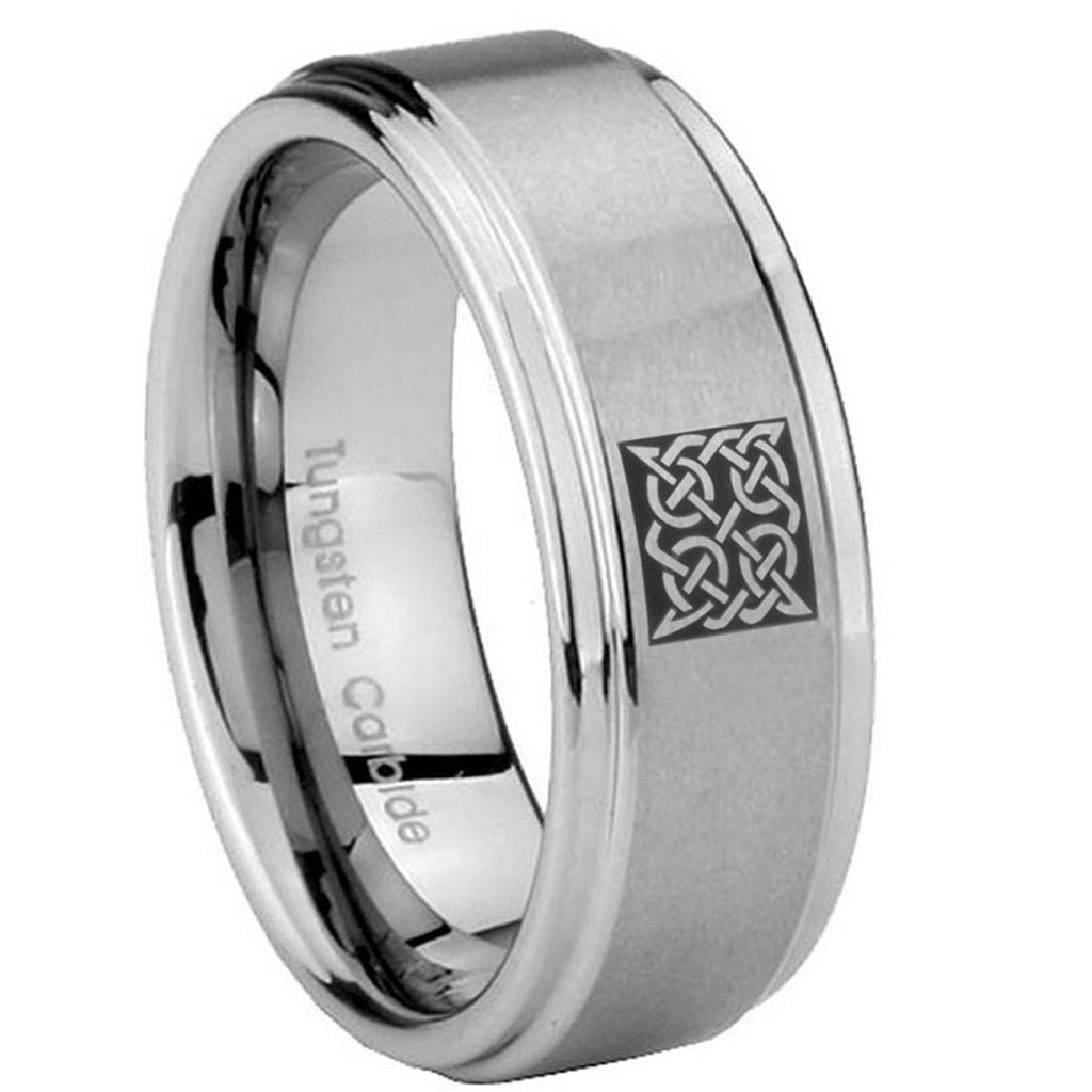 8mm Celtic Design Step Edges Brushed Silver Tungsten Ring