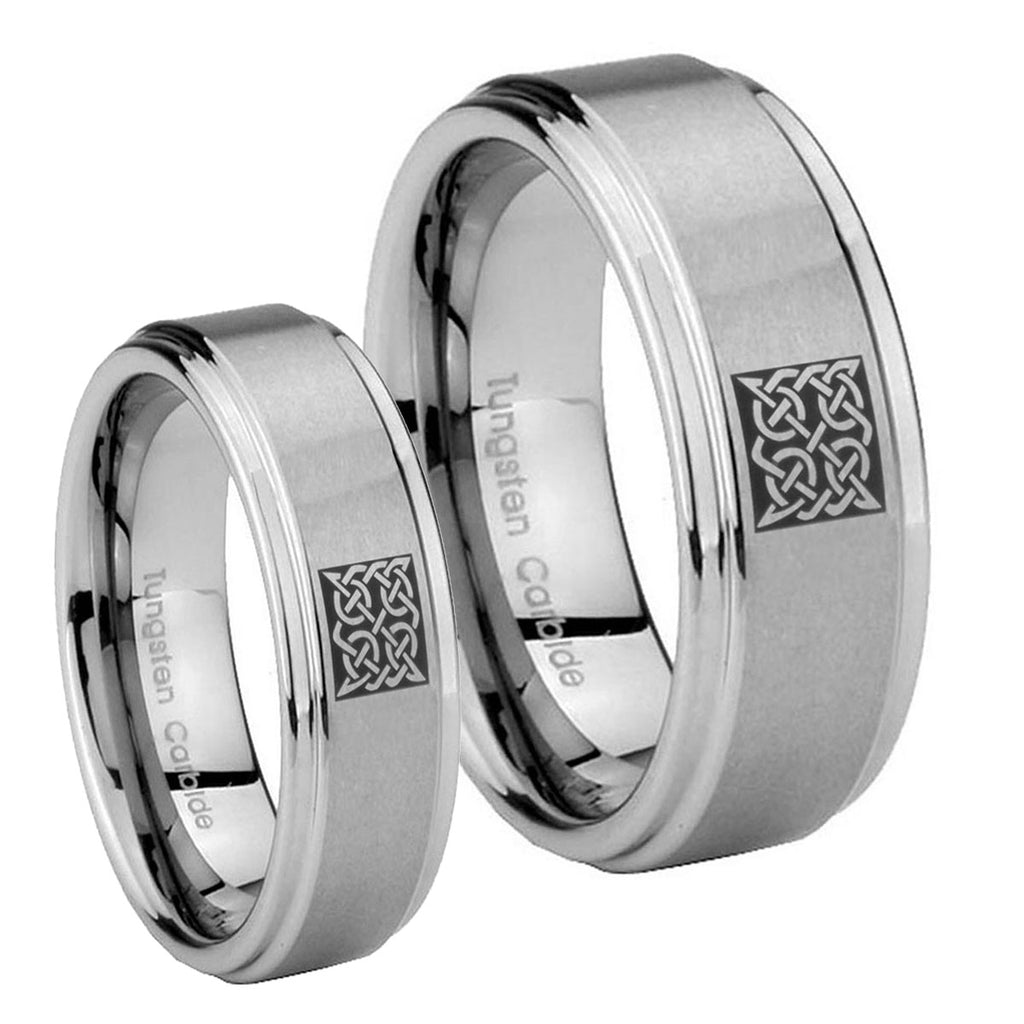Celtic Design Step Edges Brushed Tungsten Bridal Ring Sets
