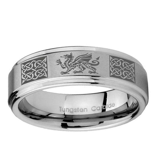 10mm Multiple Dragon Celtic Step Edge Brushed Tungsten Wedding Band Mens