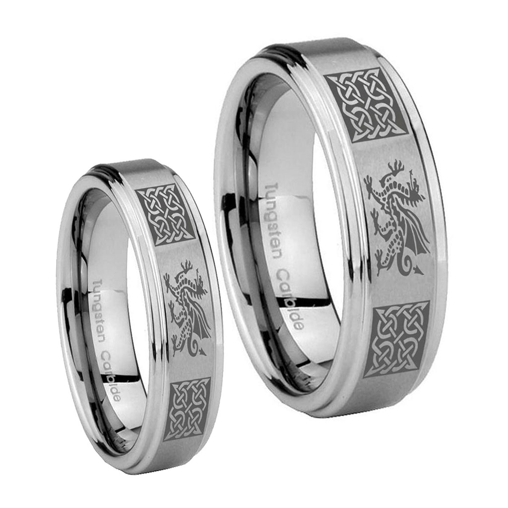 Multiple Dragon Celtic Step Edges Brushed Tungsten Couple Rings