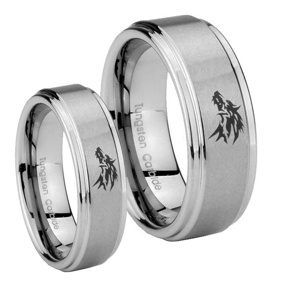 Wolf Step Edges Brushed Tungsten Bridal Set Rings