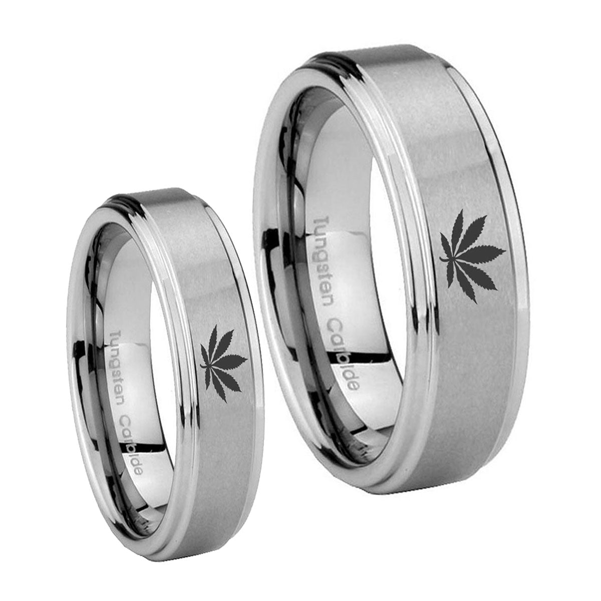 Marijuana Leaf Step Edges Brushed Tungsten Wedding Set Rings